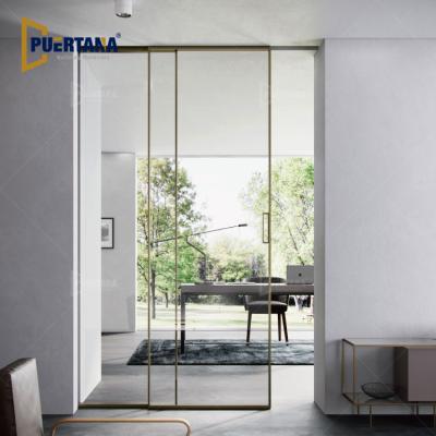 China Contemporary Interior Interior Soft Glass Doors Room Divider Glass Doors Metal Closing Pocket Stacking Doors Hidden In The Wall for sale