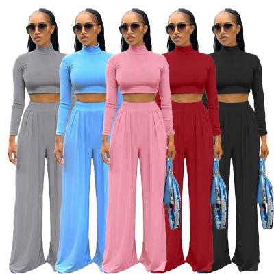 China QUICK DRY Ladies Fashion Long Sleeve High Collar Casual Wide Leg Pants 2-Piece Set for sale