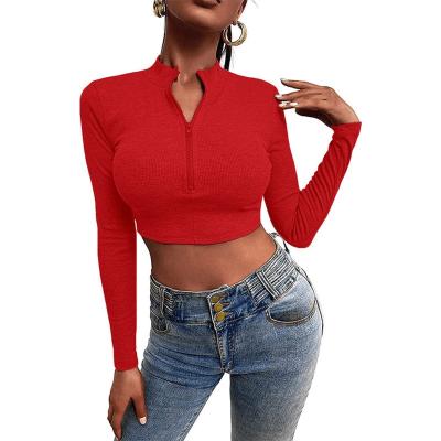 China Autumn New Solid Women Knitted Zipper Anti-wrinkle Slimming Long Sleeve T-Shirt For Women for sale