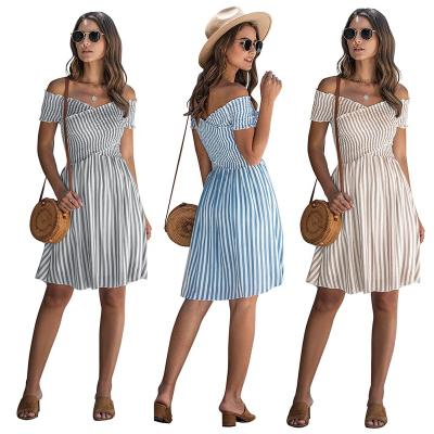 China 2021 Summer New Fashion Anti-wrinkle One-shoulder Striped Women's Short Sleeve Dress for sale