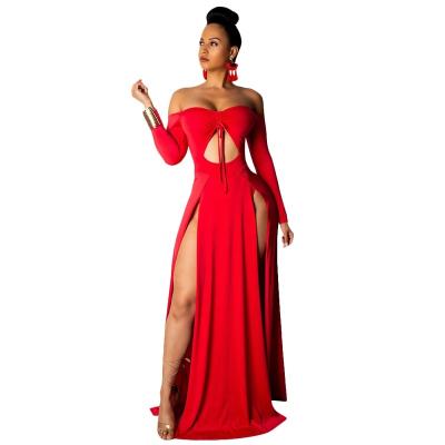 China Summer Anti-Static Women's Solid Hollow-out Off Shoulder Slit Dress Long Sleeves Off Shoulder for sale