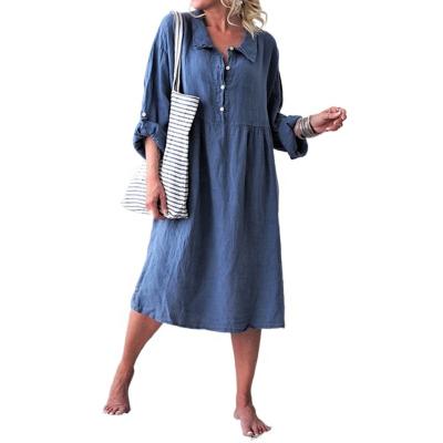 China Mid Length Anti-Static Women's Button Canvas Casual Loose Dress Cotton Womens Dress for sale