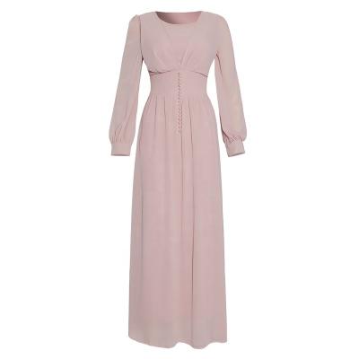 China Anti-static Muslim Robe Plus Size Solid Color Lantern Sleeve Chiffon Women The Maxi Dress Pleated Long Maxi Dress for sale