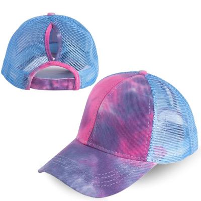 China breathable & Messy Tie Dye Baseball Cap Mesh Sun Hat Trucker Dad Criss Cross Baseball Hats Washed Waterproof Ponytail Bun for sale