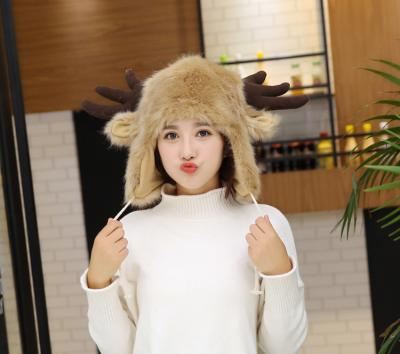 China COMMON Cute Warm Plush Faux Fur Hood Animal Deer Ears Fluffy Faux Fur Hat for sale