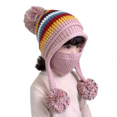 China JOINT Girls Kids Cute Cozy Earflap Winter Knitted Pom Beanies Hat For Kids for sale