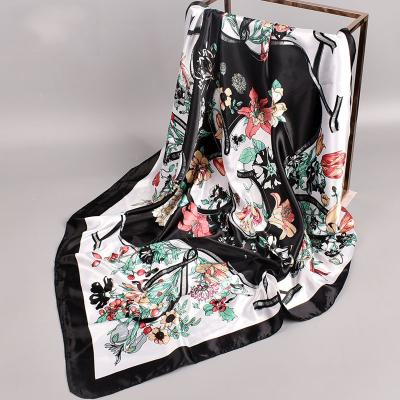 China Large 35 Inch Square Neck Hair Satin Head Bundle Floral Square Scarf for sale