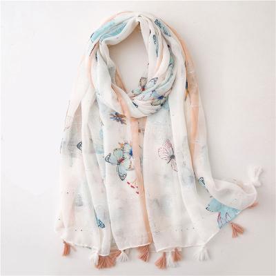 China Spring Square Fall All Match Fringed Butterfly Print Summer Beach Shawl For Women for sale