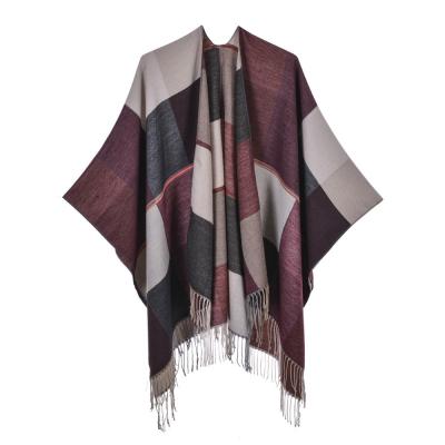 China Acrylic Women's Color Block Shawl Wrap Lattice Plaid Poncho Cape Open Front Sweater for sale