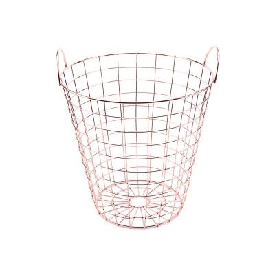 China Metal Wire Paper Stocked Basket With Handles Cooper Plated Mesh Waste Paper Bin Paper Basket 12L Rose Gold Steel for sale