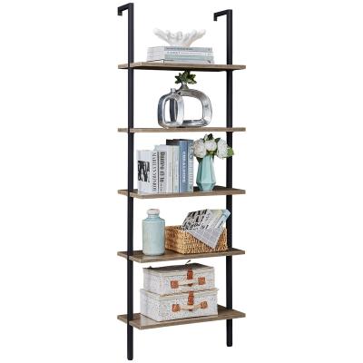 China Industrial5-Tier Sustainable Wooden Wall Mounted Bookcase Ladder Shelf With Stable Metal Frame for sale