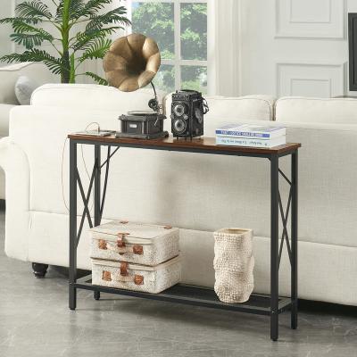 China Eco-Friendly Long Lean Sofa Table Console Table Entry Table With Mesh Shelf And Power Outlets for sale