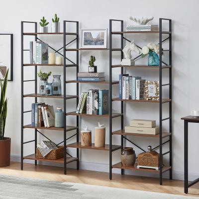 China Environmental Friendly Tall Freestanding Wooden Shelf Industrial Style With X Shape Metal Frame For Home Office for sale