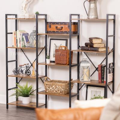 China Environmentally Friendly Triple Wide Rustic Industrial Style 4-Tier Wood And Metal Book Shelves Bookcase Furniture For Home And Office for sale