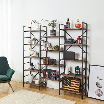 China Environmental Friendly 5 Tier Wide Triple Industrial Modern Rustic Wooden Shelf Solid Wood and Metal Bookcase for sale