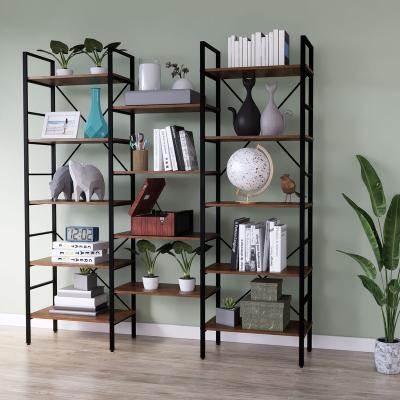 China Holz de Bucherregal Environmentally Friendly 5 Tier Wide Triple Industrial Modern Rustic Wooden Shelf Solid Wood and Metal for sale