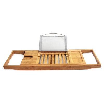 China Sustainable Bamboo Bathtub Shelf Rack Tub Panel Shelf With Sides Bathroom Expanding Bath Trolley Tray for sale