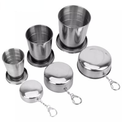 China 75ml/150ml/250ml Stainless Steel Water Drinks Cup Viable Folding Cup Camping Outdoor Hip Flasks With Key Chain for sale