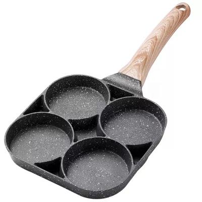 China Viable Pancake Maker Omelet Pan Thickened Frying Pot Pan Non Stick 4 Hole Handle Wooden Egg Burger Pan Breakfast for sale