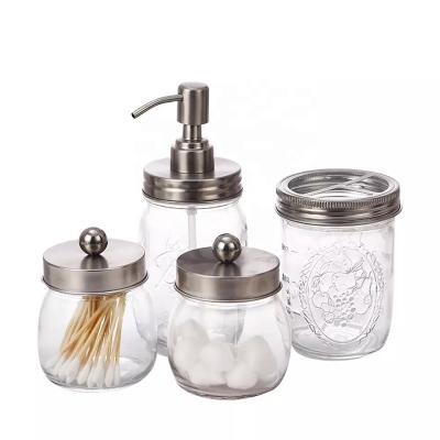 China 4Pcs/Set Viable Bathroom Accessories Liquid Soap Dispenser Toothbrush Cup Pump Bottle Glass Storage Container for sale