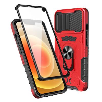 China Anti-drop Cell Phone Back Cover With Ring Holder Shockproof Armor Glass Screen Protector Phone Case For Iphone 13 12 for sale