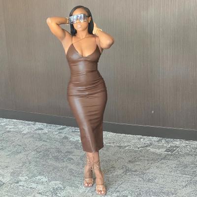 China 2021 summer viable new arrivals leather dress sheer color viable medium length sling women dress tight dress for sale