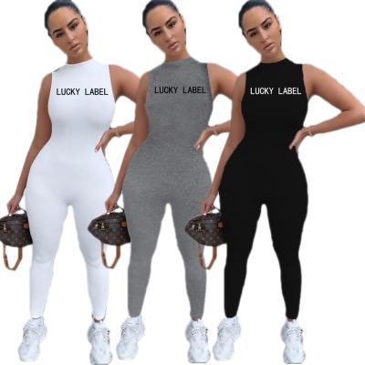 China New Fashionable QUICK DRY Letter Printing Bodycon Bodysuit Yoga Sleeveless Overalls in Solid Color with Embroidery Overalls for sale