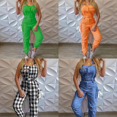 China Best Design Solid Color Viable Casual Sleeveless Suspenders With Simple Restraint Pants + Belt 6xl Plus Size Rompers for sale