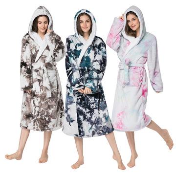 China New Winter QUICK DRY Tie Dye Pajamas Fashionable QUICK DRY Sleepwear Warm Women's Flannel Long Robes With Hood for sale