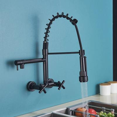 China Modern black wall mounted brasspull spray kitchen faucet for sale