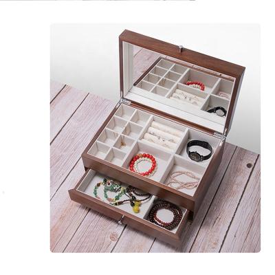 China Handmade Custom Design Luxury Walnut Velvet Wood Packaging Jewelry Box With Drawers For Earrings Ring Pendants for sale