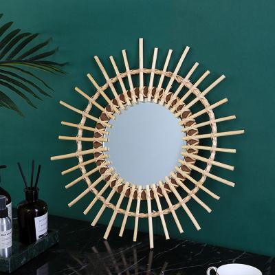 China Modern home decorative wall mirror round rattan art decoration mirror creative living room entrance mirrors decor wall for sale