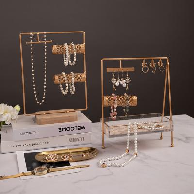 China Customized 2-Tier Artificial T Shaped Jewelry Organizer Gold Metal Jewelry Necklace Bangle Holder With Acrylic Tray for sale