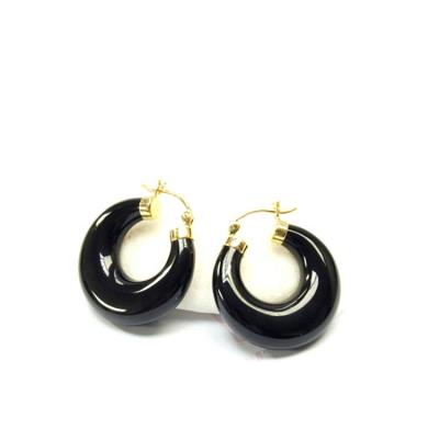 China CLASSIC hot selling simple and elegant 14k pure gold ladies black agate circle earrings jewelry for sale