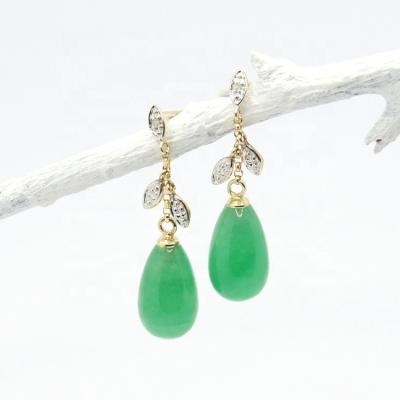 China Best High Quality Solid Yellow Gold CLASSIC Jade Jadeite Drop Dangling With Green Diamond Earrings Price 14K for sale