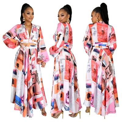 China Fashion Floral Print Women Long Sleeve Crop QUICK DRY Casual Main 2 Ruffle Skirt Two Piece Dress Set For Lady for sale