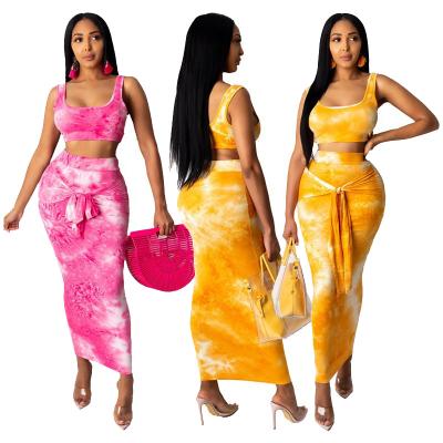 China Women Lady Summer Crop Tie Dye 2 Top Casual QUICK DRY Sleeveless Top Two Piece Dress Skirt Set For Women for sale