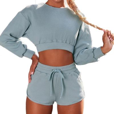 China Breathable Wholesale Female Knit Crewneck Crop Top Sweatshirt And Shorts Set Outfit Women Clothing Two Piece Jogger Set Tracksuit for sale