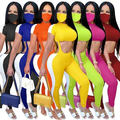 China 2021 Women's QUICK DRY clothing fashion crop top and sling solid simple pants two piece set with facemask for sale