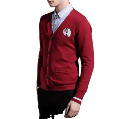 China OEM latest design cotton anti-shrink red knitted men's cardigan sweater embroidery anti-shrink custom logo with stripe rib cuff for sale