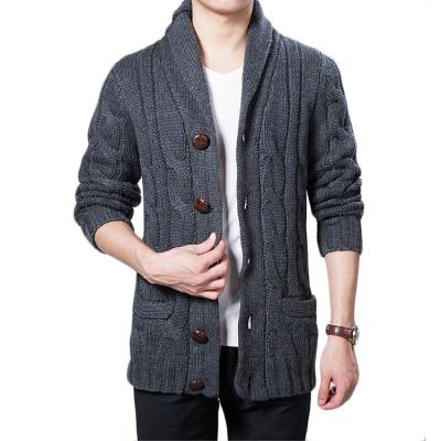 China OEM Anti-wrinkle Nice Cable Knots Chat Casual Buttoned Up Shawl Merino Turn-Down Neck Collar Knitted Thick Cardigan Men Wool Sweater for sale