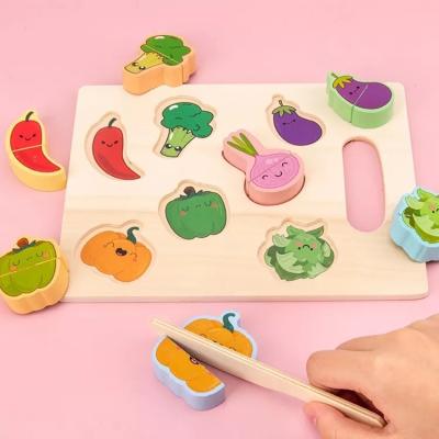 China High Quality Wooden Girl's Toy Pretend Play Cartoon Fruit and Vegetable Wooden Toy Cutting Board Game Set for sale