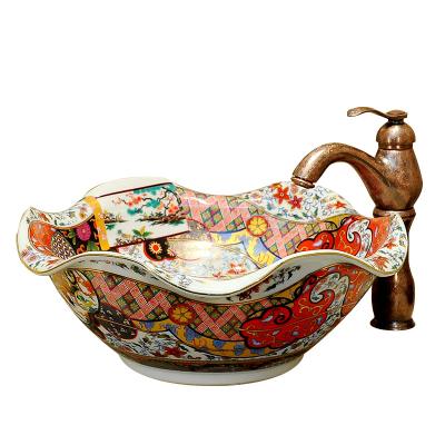 China 1300 Degree Fired Antique Ceramic Lavatory Bathroom Sink Models Falbala Shape Sanitary Ware For Home Decoration for sale