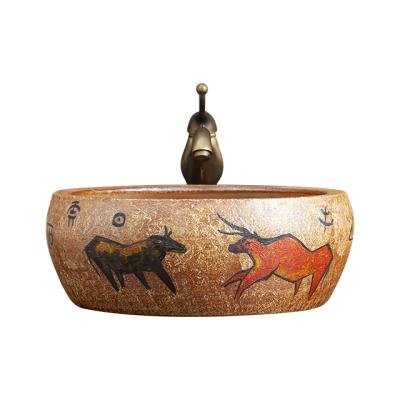 China 2020 1300 Degree Bullfighting Totem Antique Art Ceramic Bathroom Sink Bowl Hand Firing Sink for sale