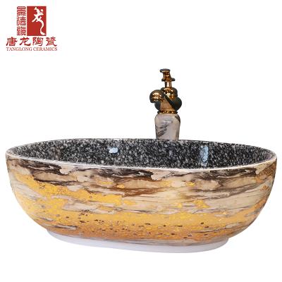 China Art Style Wash Basin Oval Shape Durable Design Ceramic Bathroom Sink Ready To Ship for sale