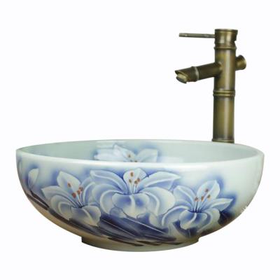 China More 1300 Degree Firing Blue White Ceramic Petal Shaped Bathroom Wash Basin Hand Basin Sink 2021 New Design Hot-selling for sale