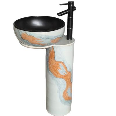 China High Grade Carved And Colored Style Imitated Marble Ceramic Sink Pedestal Pedestal Floor Stand Wash Basin Bathroom Ceramic Sink Basin Bathroom Basin for sale