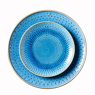 China Modern Blue Stocked Dotted Ceramic Dinner Plate Household Dish And Hotel Supplies Porcelain Dishes for sale