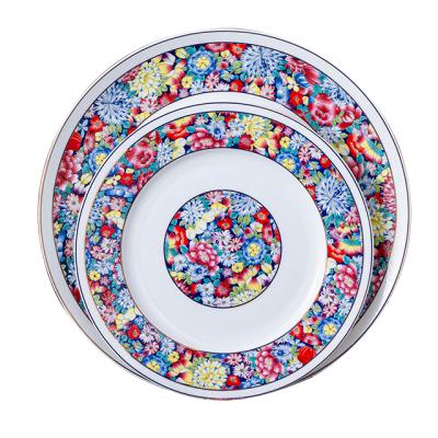 China Stocked 2020 New Style Noble Gorgeous Colorful Pattern Plate Porcelain Dish Ceramic Dinner Plate for sale