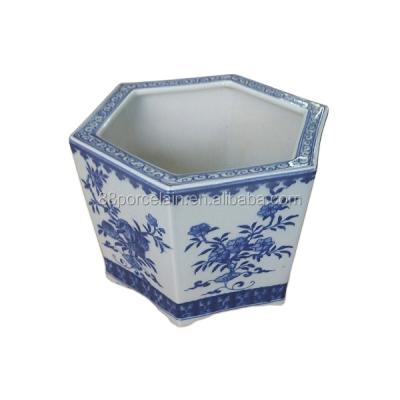 China Chinese Style Wholesale Cheapest Blue White Ceramic Planter Pot Hexagon Flower POTS 2021 for sale